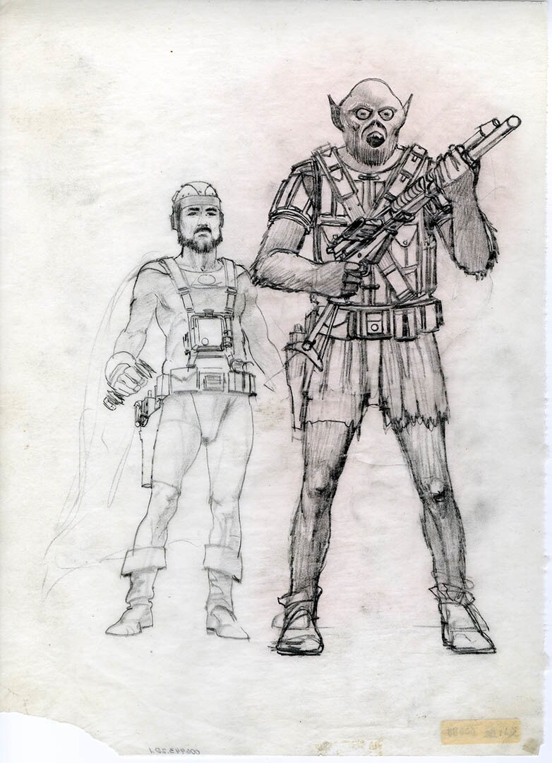 Early concept art for Han Solo and Chewbacca.