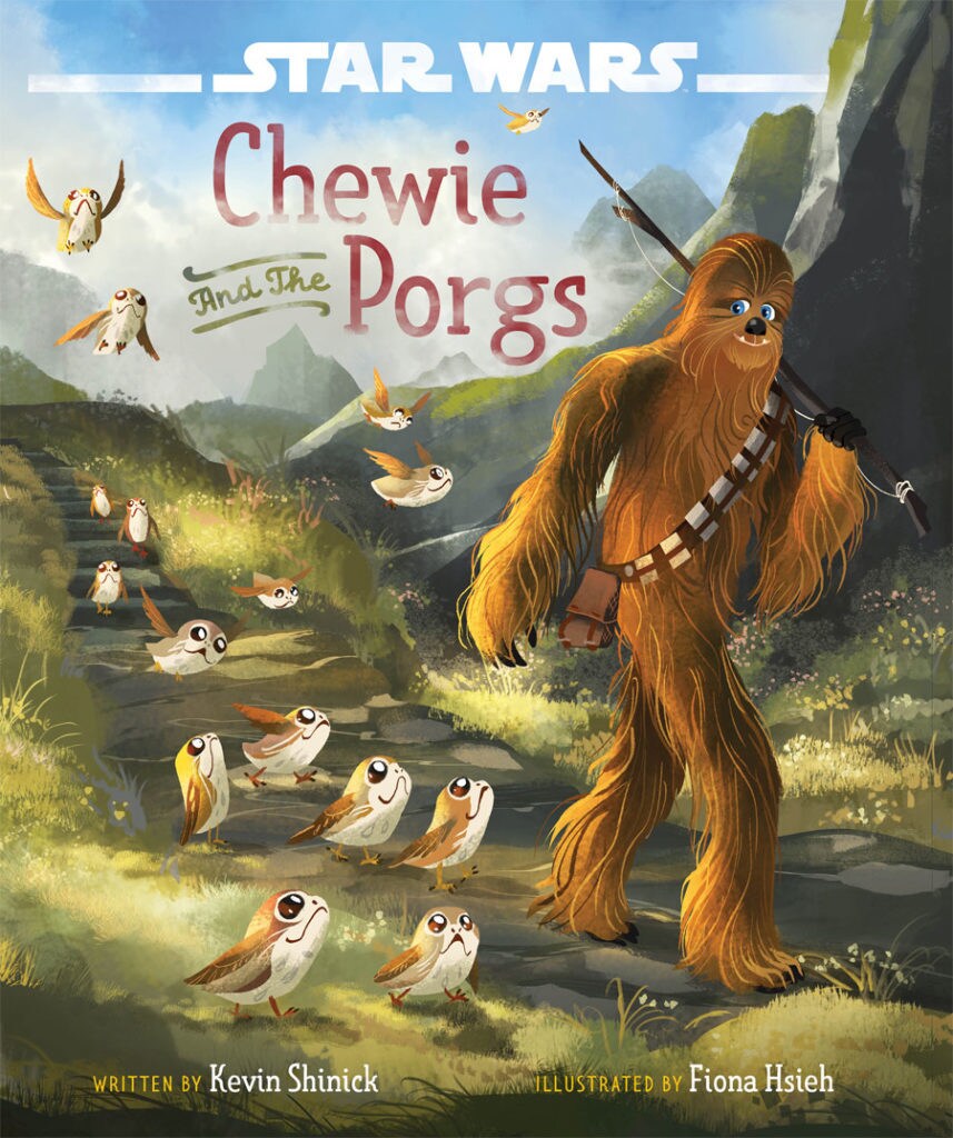 A cartoon version of Chewbacca and Porgs on the cover of the book Star Wars: Chewie and the Porgs.