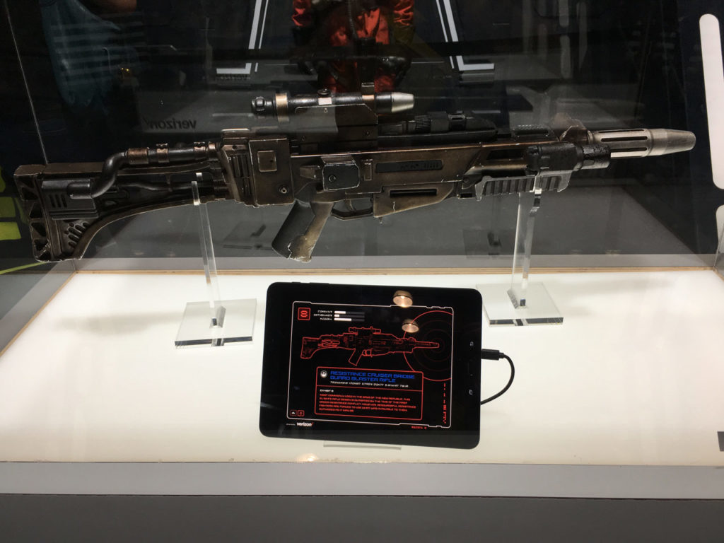 A Resistance cruiser bridge guard blaster rifle on display at the NYCC 2017 Star Wars: The Last Jedi Prop Gallery.