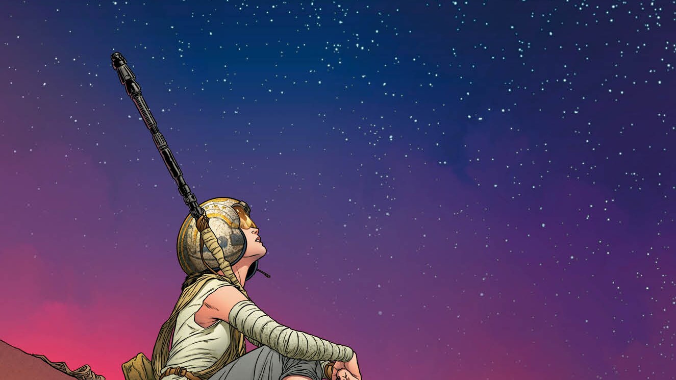 Rey and BB-8 on the cover of Marvel's comic Star Wars: The Force Awakens by writer Chuck Wendig.