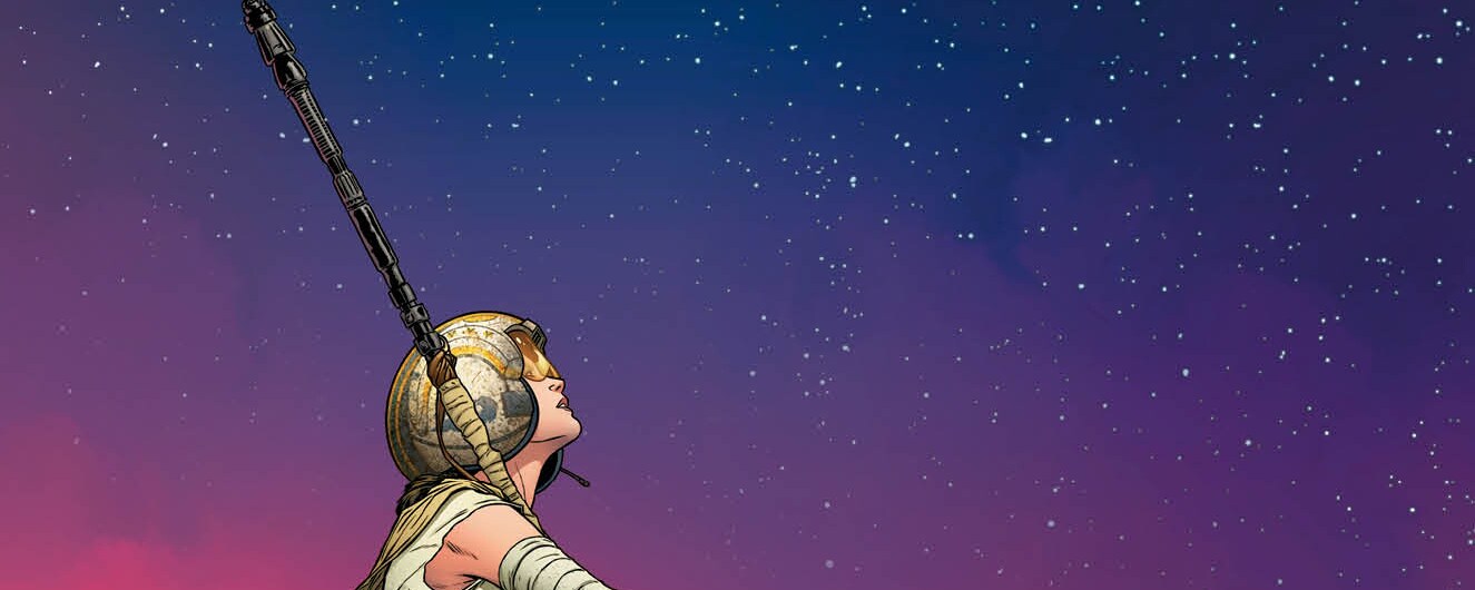 Rey and BB-8 on the cover of Marvel's comic Star Wars: The Force Awakens by writer Chuck Wendig.