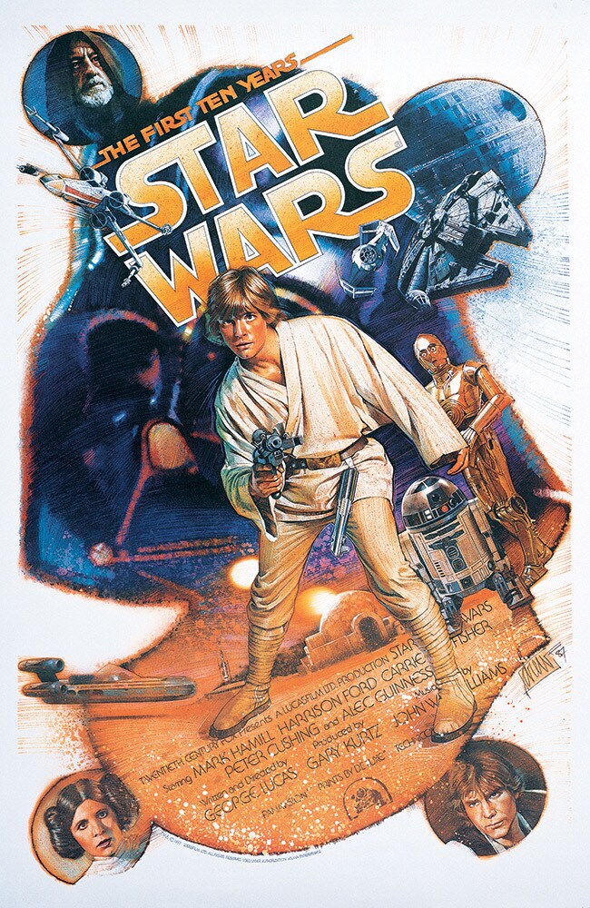 The tenth anniversary poster for A New Hope, by artist Drew Struzan, shows Luke at center wielding a blaster pistol while Darth Vader, Obi-Wan Kenobi, Princess Leia, Han Solo, R2-D2, C-3PO and other iconic features of the film are shown around him.