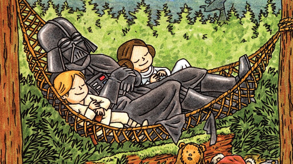 Una caricatura de Darth Vader, Luke, y Leia duermen juntos en una hamaca.