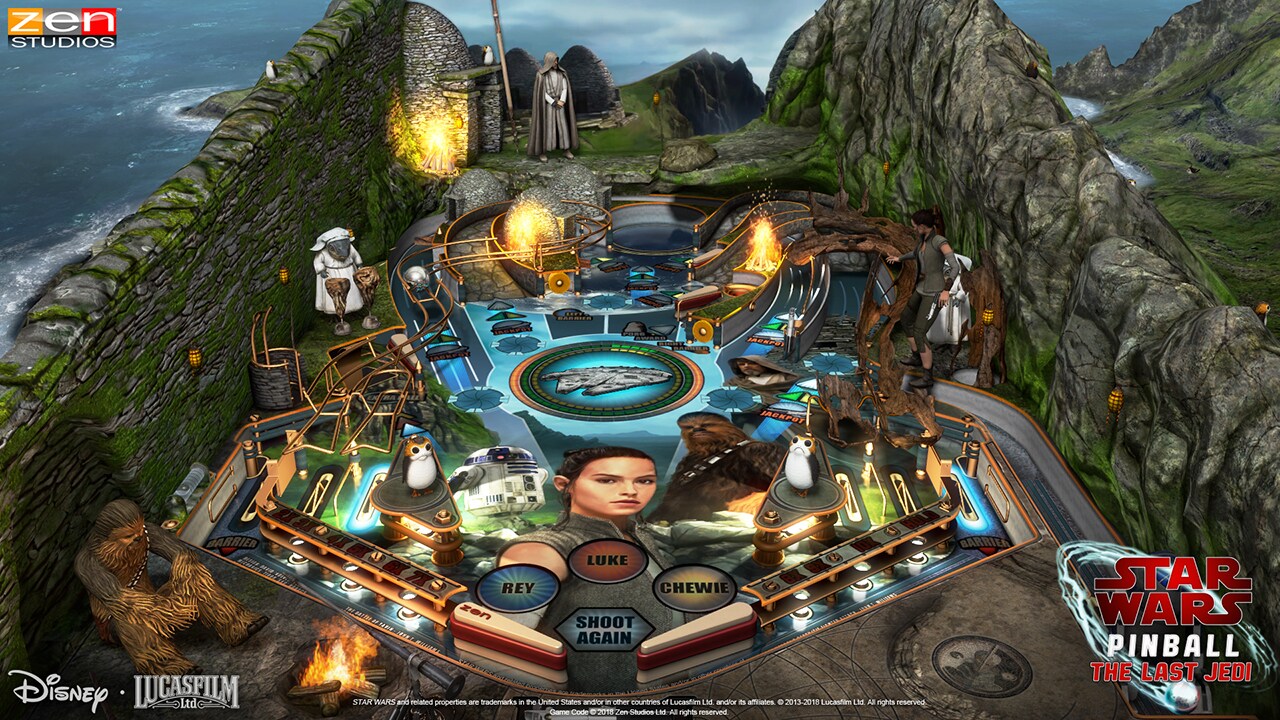 A Last Jedi-themed pinball game featuring Rey.