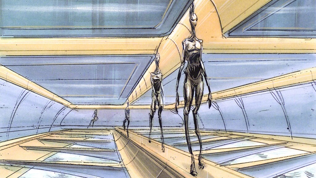 Rough concept art of Kiminoans, from Star Wars: Attack of the Clones, walking in their facility.
