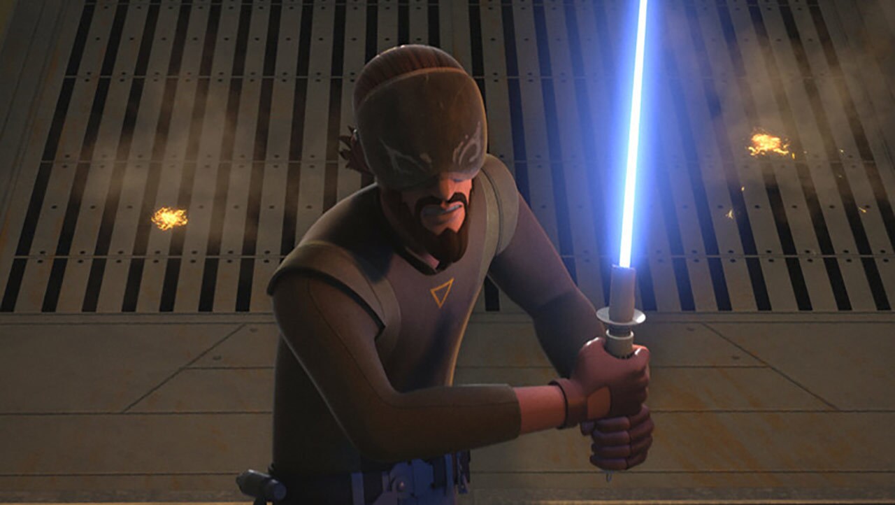 Kanan wields a lightsaber in Star Wars Rebels.