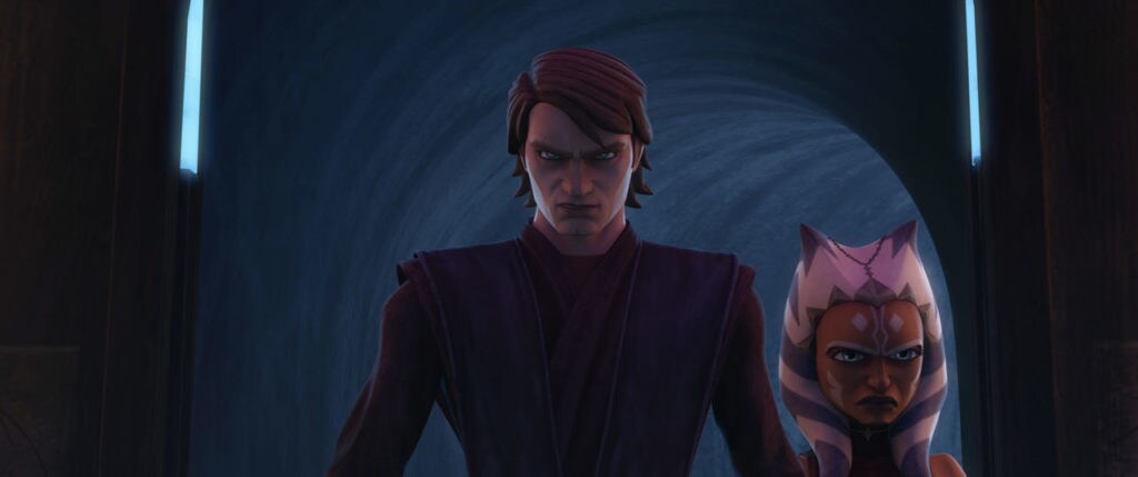 Anakin and Ahsoka both scowl in The Clone Wars.