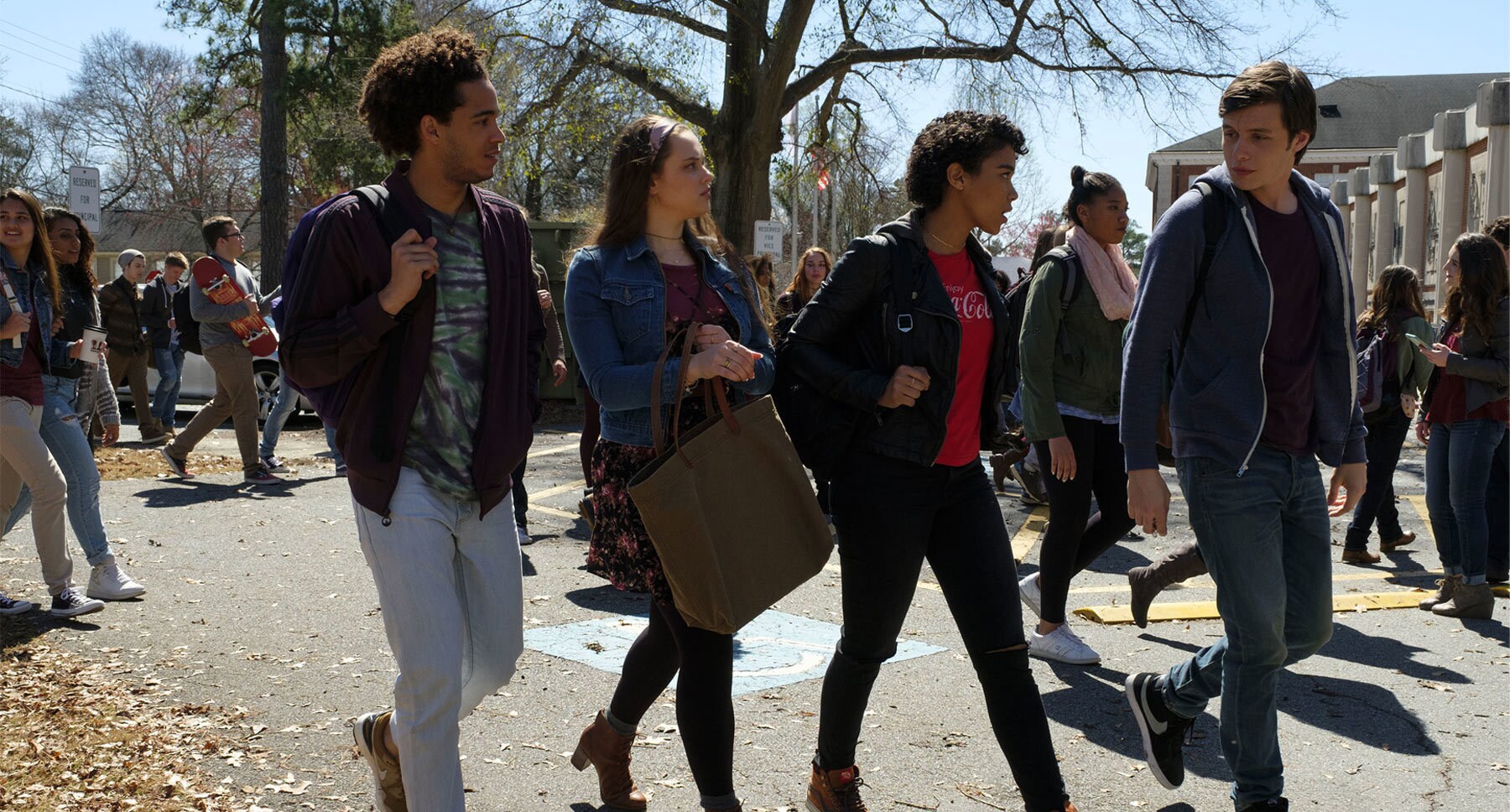 Alexandra Shipp (as Abby), Nick Robinson (as Simon), Jorge Lendeborg Jr. (as Nick),and Katherine Langford (as Leah) walking to school in "Love, Simon"