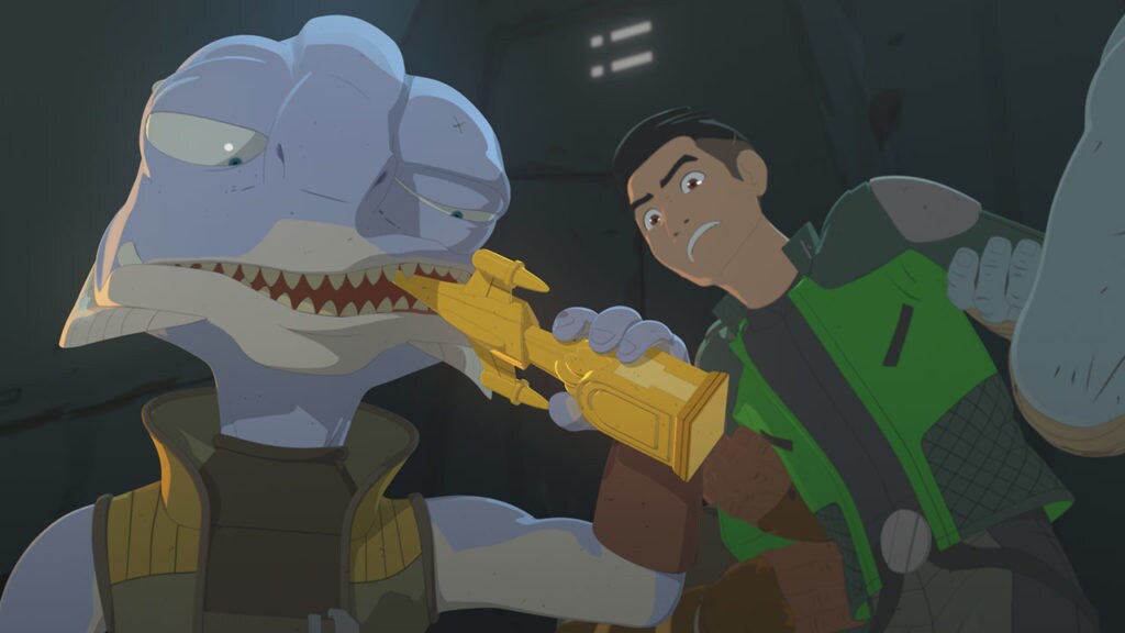 Grevel bites down on Kaz's trophy in Star Wars Resistance.