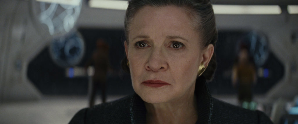 Leia looks concerned in Star Wars: The Last Jedi.