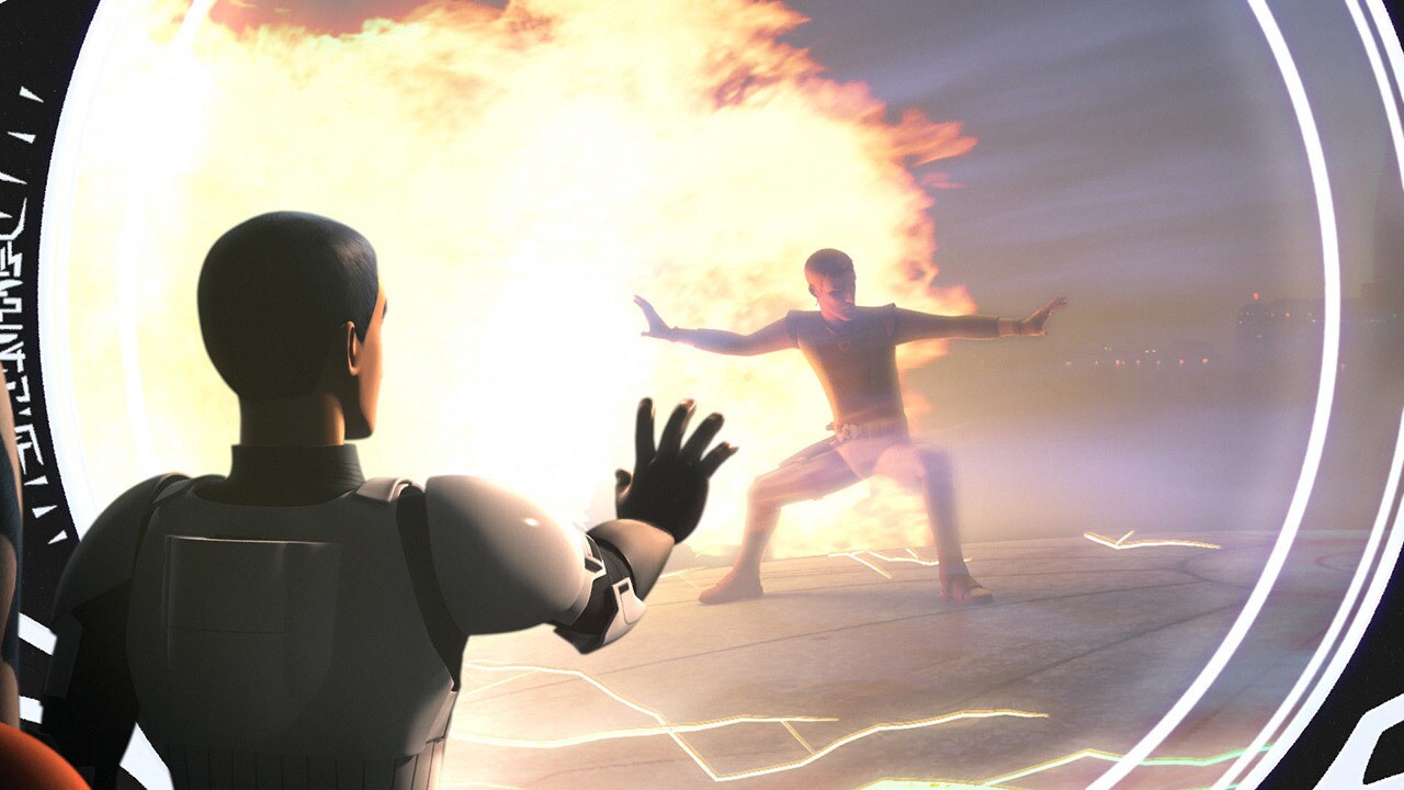 Ezra watches Kanan get engulfed by flames in Star Wars Rebels.