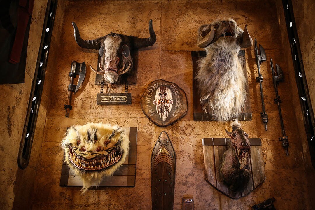 A wall of creature heads at Dok-Ondar's at Star Wars: Galaxy's Edge.