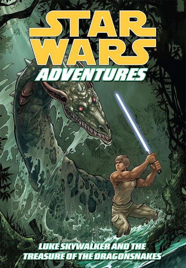 The cover of Star Wars Adventures: Luke Skywalker and the Treasure of the Dragonsnakes featuring an image of Luke fighting a Dragonsnake with his lightsaber.