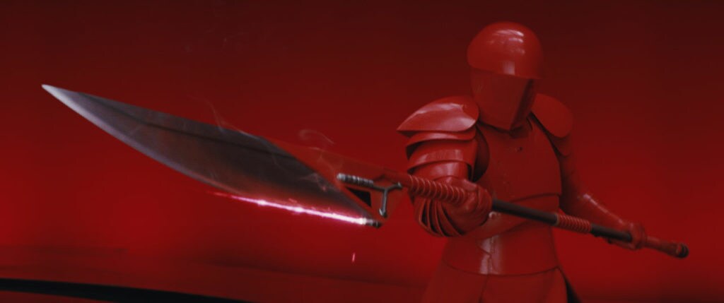 A Praetorian Guard wields a vibro-voulge in the augmented reality experience Star Wars: Jedi Challenges.