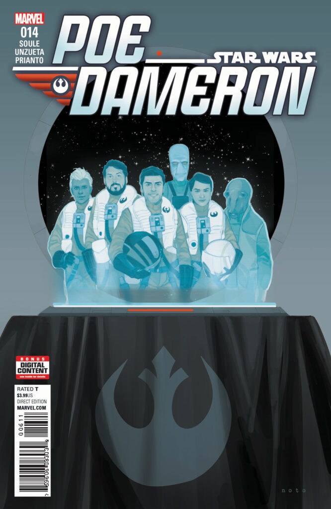 The pilots of Black Squadron, depicted in a hologram, on the cover of a Poe Dameron comic book.