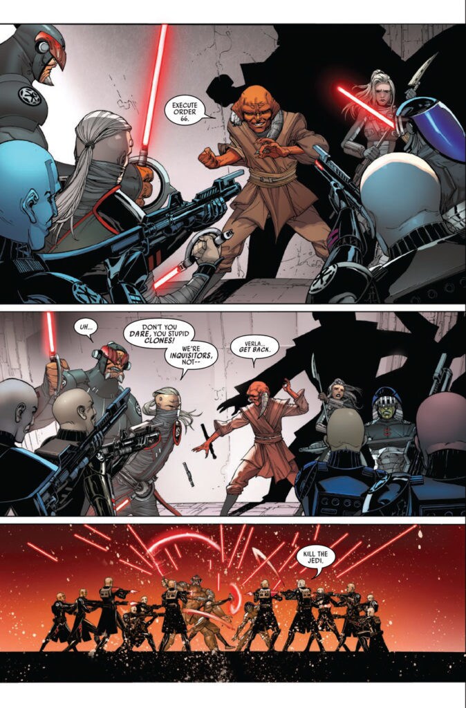 Three panels of artwork from the Star Wars Darth Vader #17 Marvel comic book.