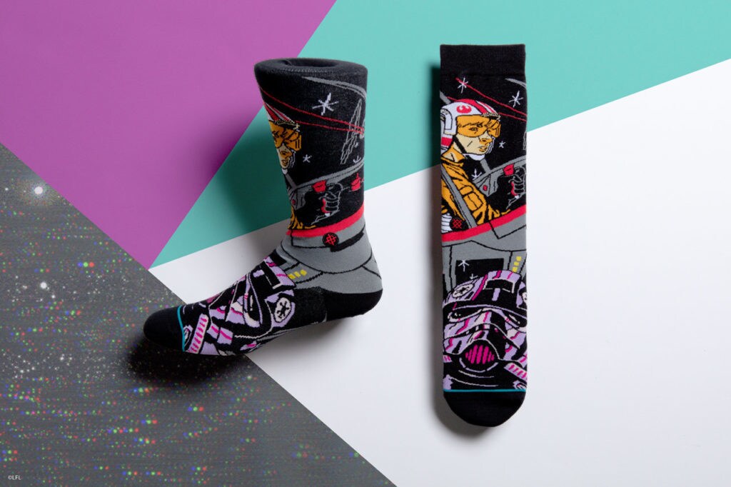 Stance's Star Wars socks: Luke Skywalker and TIE fighter pilot.