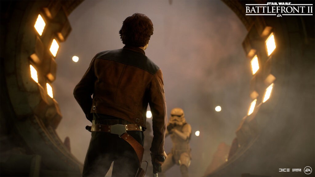 Han Solo confronts stormtroopers in the Star Wars Battlefront II game.