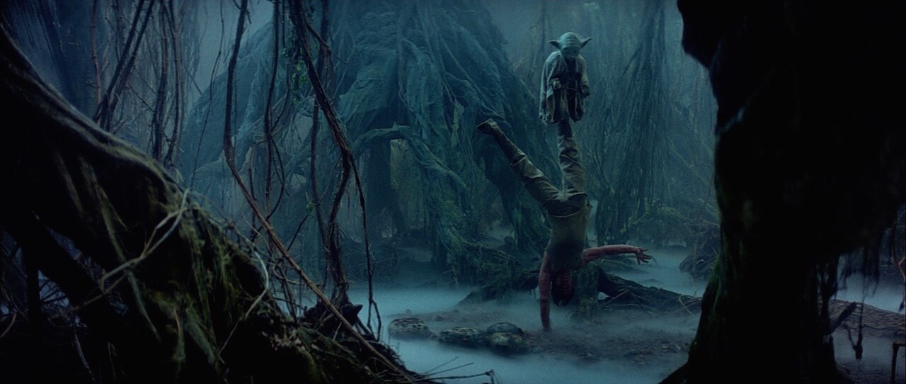 Yoda stands atop Luke's foot as he does a one-handed handstand while training on Dagobah in The Empire Strikes Back.