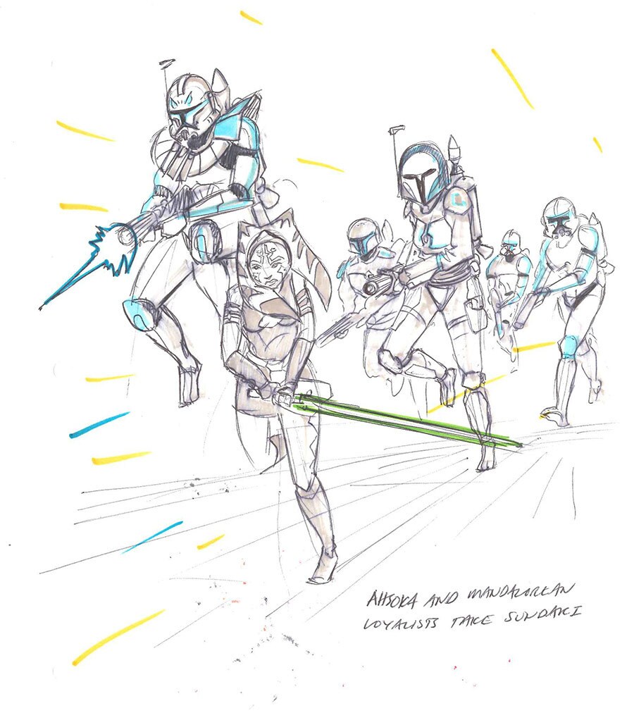 A concept sketch of Ahsoka Tano and Mandalorian loyalists.