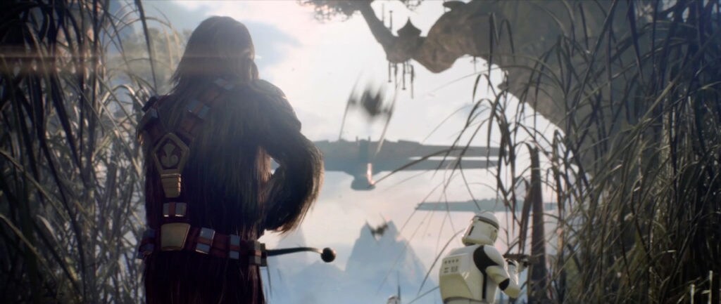 An armed Wookie warrior sneaks up on a stormtrooper in the Star Wars Battlefront II launch trailer.