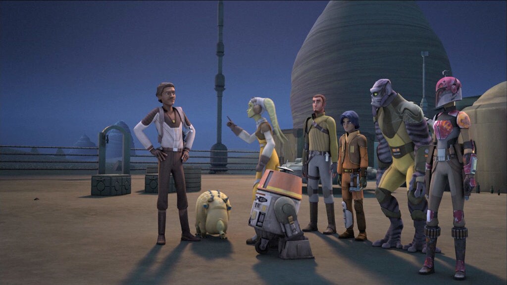 Lando Calrissian speaks with the crew of the Ghost, in an episode of Rebels.