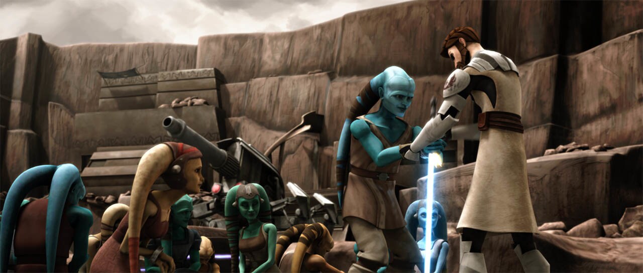 Obi-Wan Kenobi frees Twi'lek prisoners with his lightsaber in The Clone Wars.