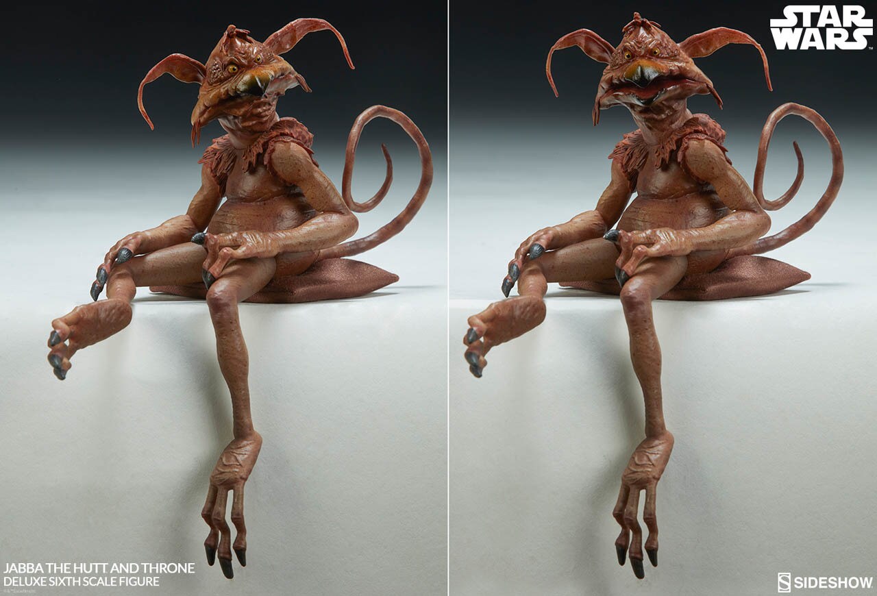 A Salacious B. Crumb Sixth Scale figure in two separate poses propped on a white display ledge.