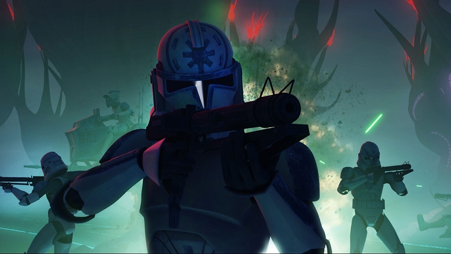 Three clone troopers in a battle on Umbara
