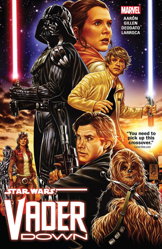 The cover of the comic Star Wars Vader Down, featuring Darth Vader, Princess Leia, Luke Skywalker, Han Solo, and Chewbacca.