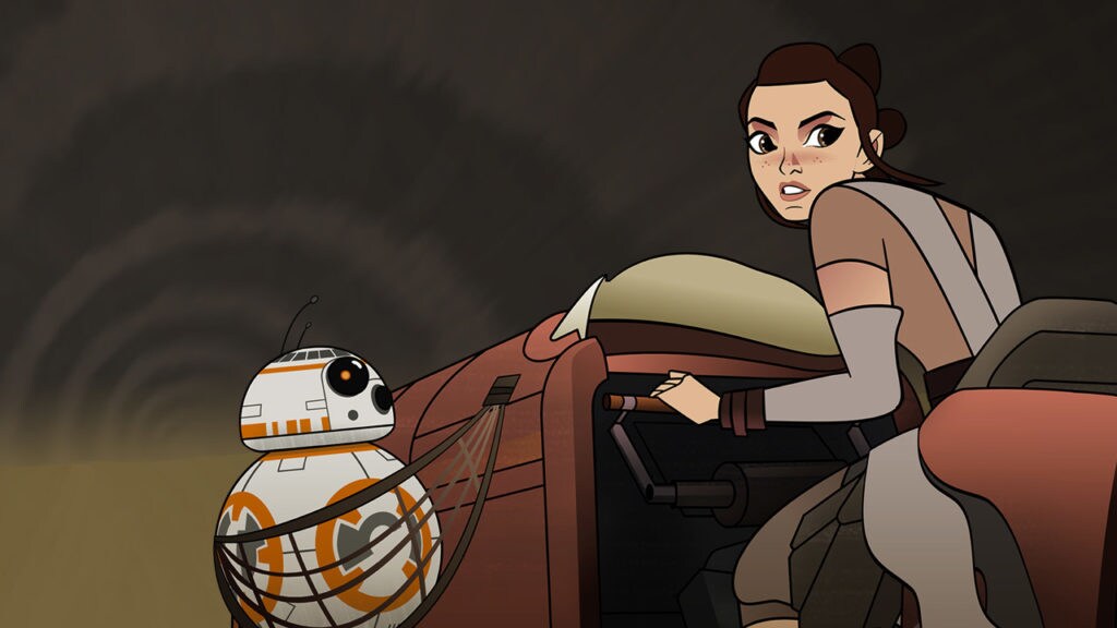 Rey pilots her speeder with BB-8 in a cargo net.