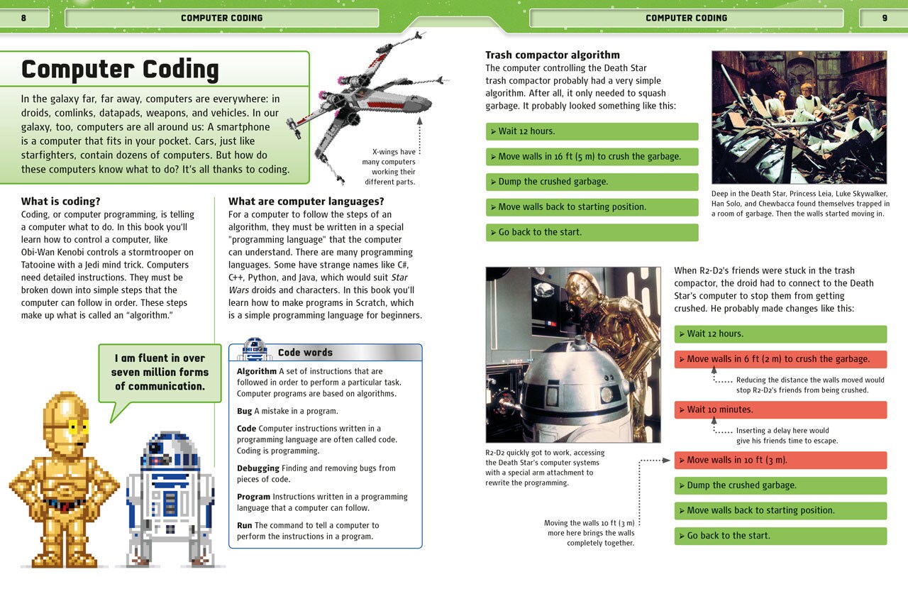 Pages from the book Star Wars Coding Projects feature C-3PO and R2-D2 with explanations of coding and computer languages.