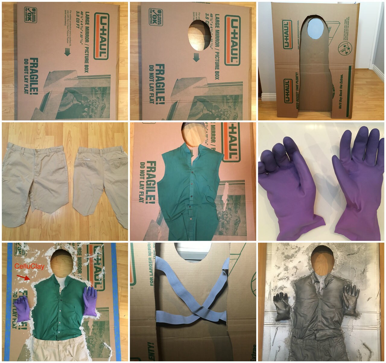 Nine panels illustrating how to create a DIY Han Solo in carbonite costume using a cardboard box.