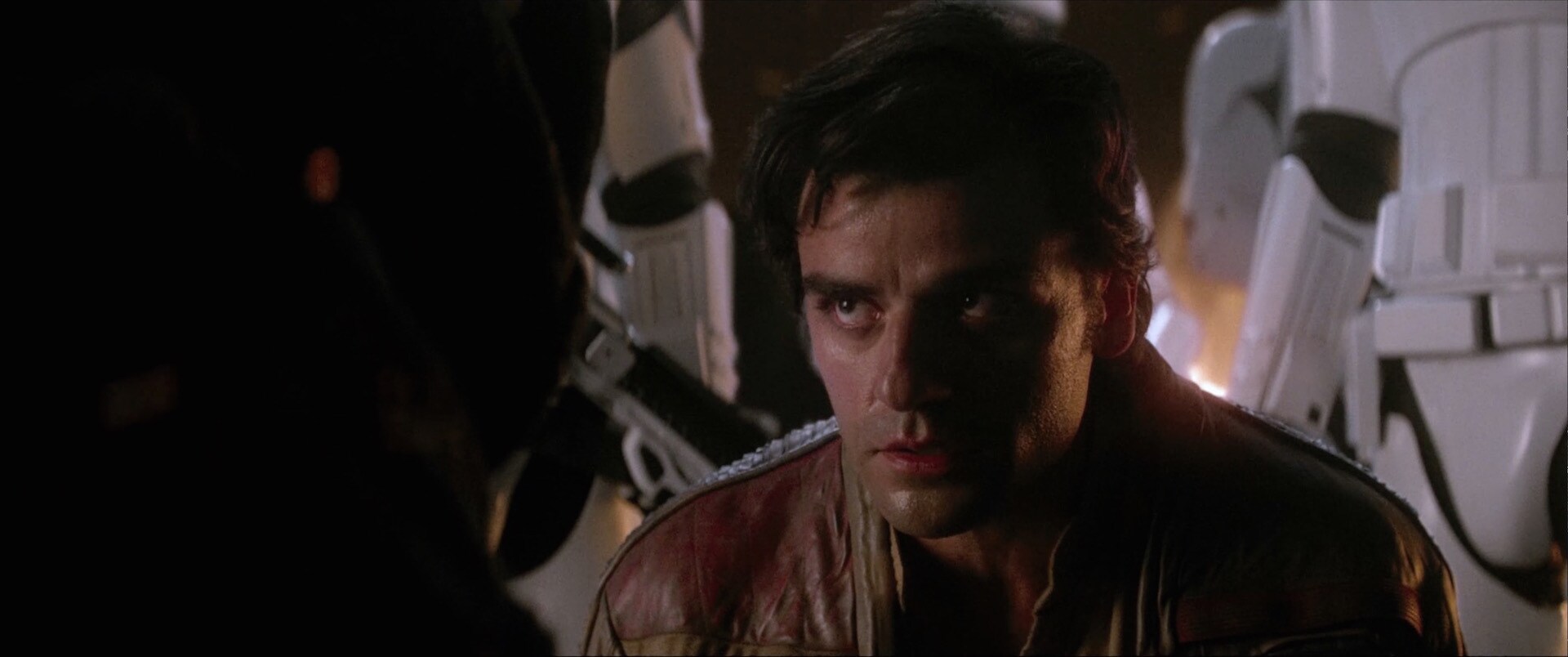 Poe Dameron faces Kylo Ren in Star Wars: The Force Awakens.