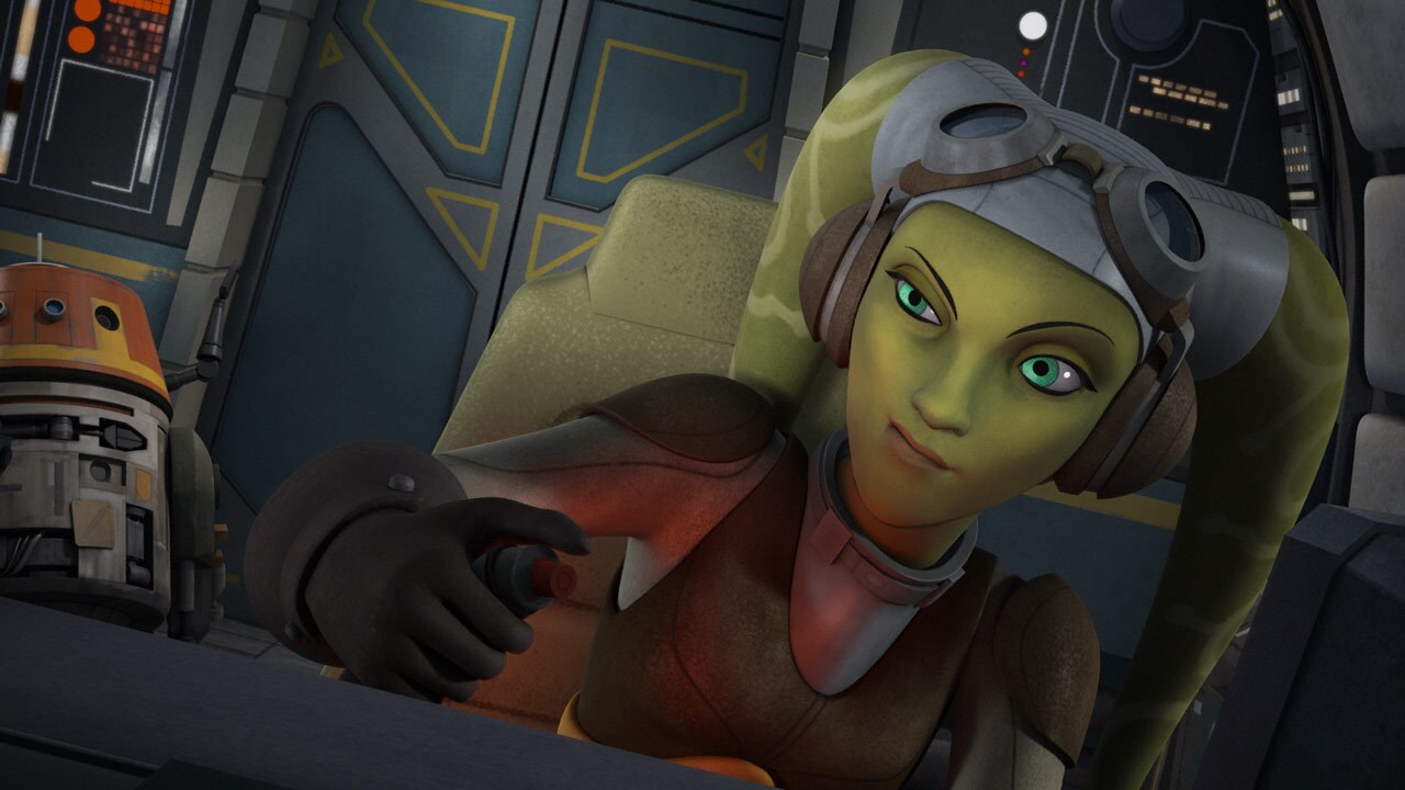 Hera pilots the Ghost while Chopper stands behind her in Star Wars Rebels.