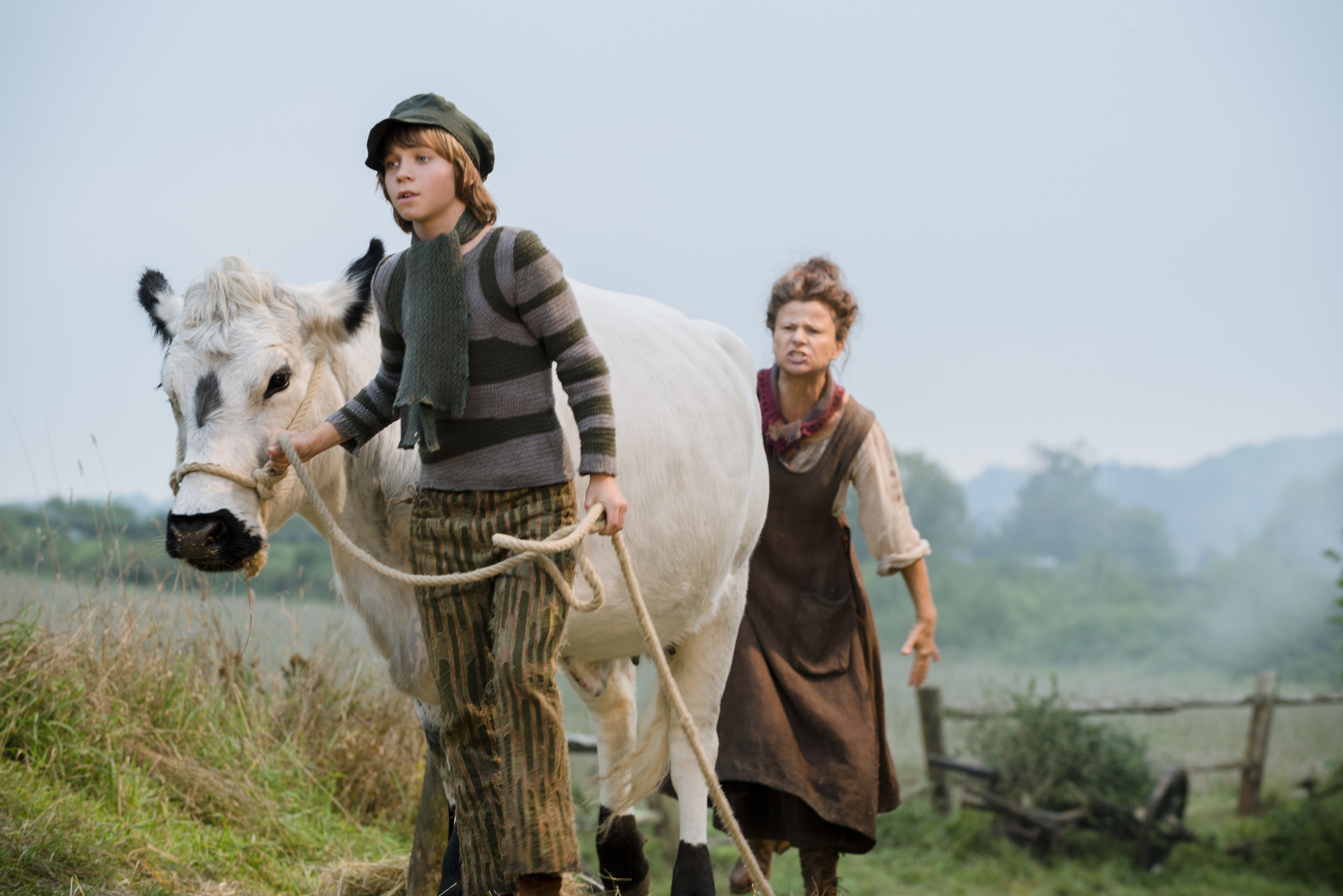 Daniel Huttlestone as Jack and Tracey Ullman as his mother in "Into the Woods"
