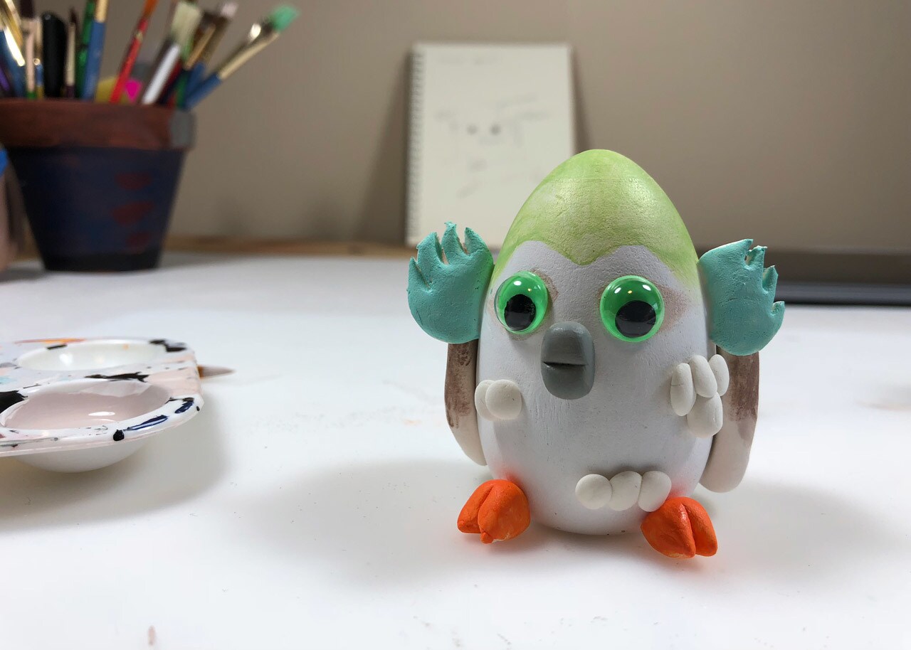 An egg-shaped convor craft with googly eyes.