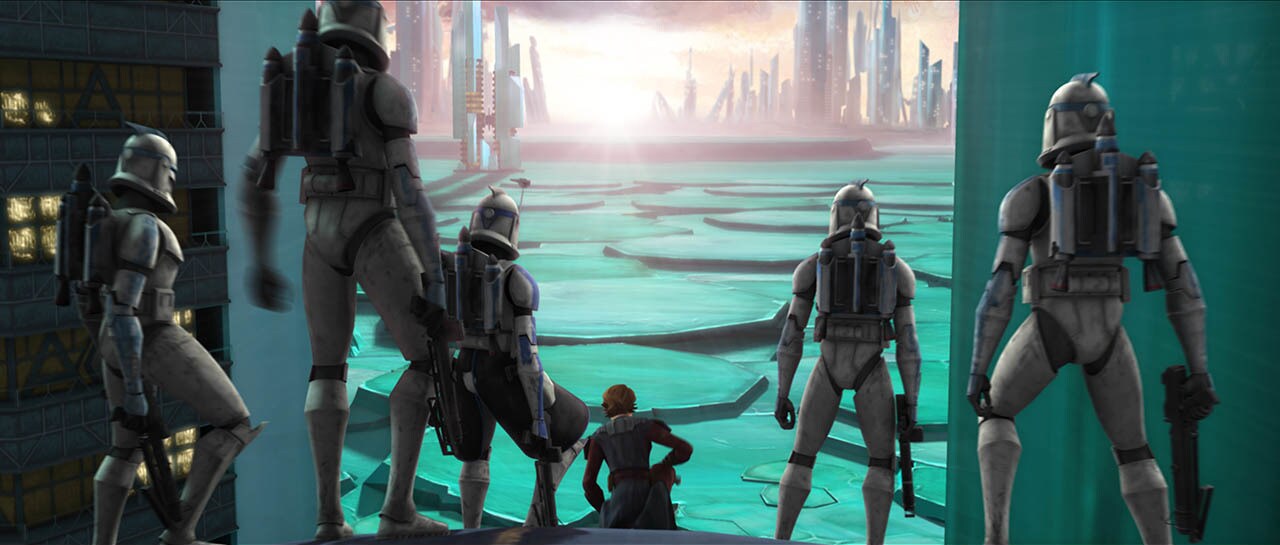Anakin leads a squad of clone troopers with jet packs.