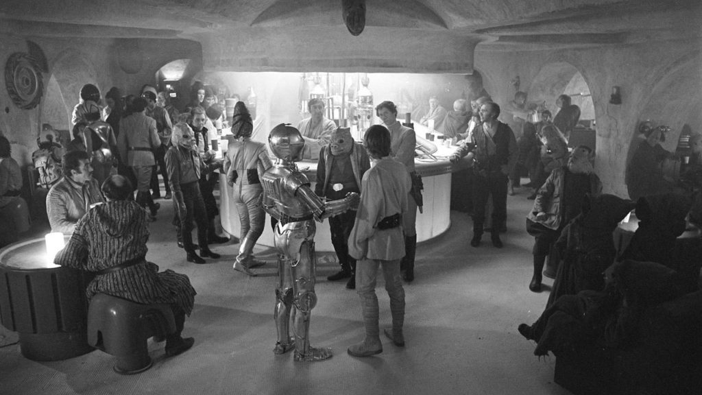 The Mos Eisley cantina, with a crocodile head visible on the wall.