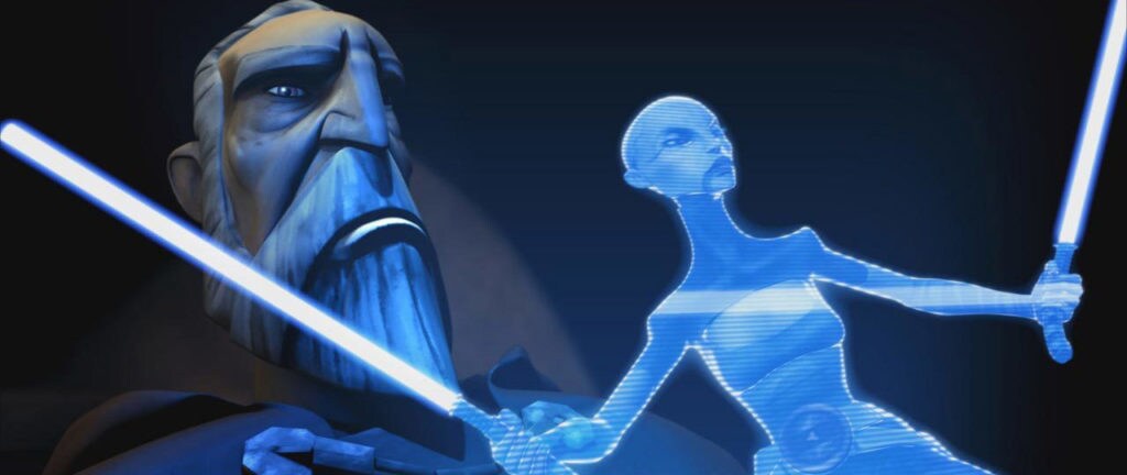Count Dooku watches a hologram of Asajj Ventress.