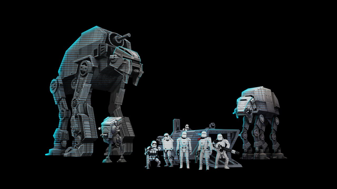 Stormtroopers stand in front of an AT-AT and an AT-M6 walker in Jedi Challenges.