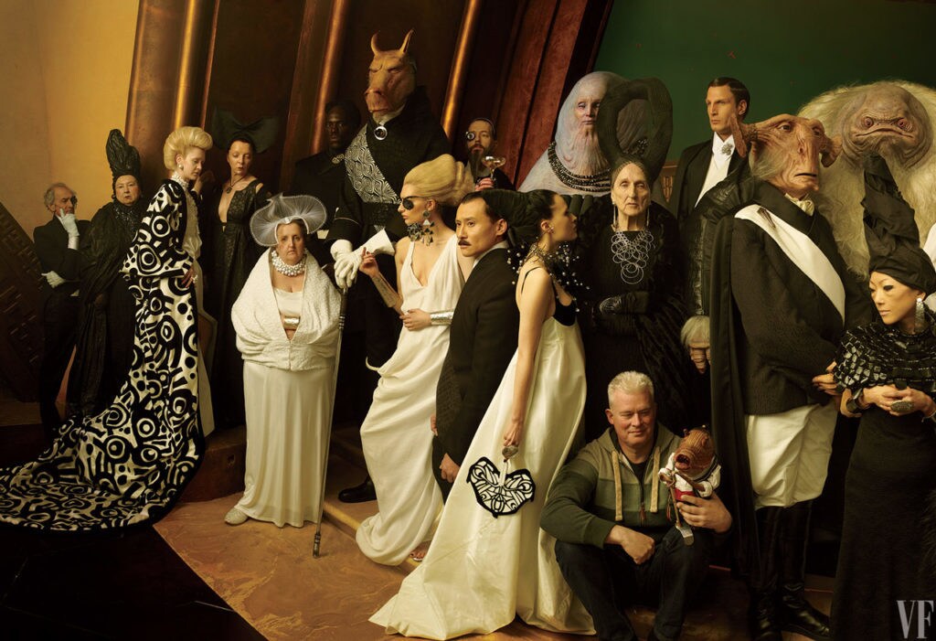Background actors in alien costumes and makeup, with VFX and makeup artist Neal Scanlan, in a Vanity Fair photoshoot promoting The Last Jedi.