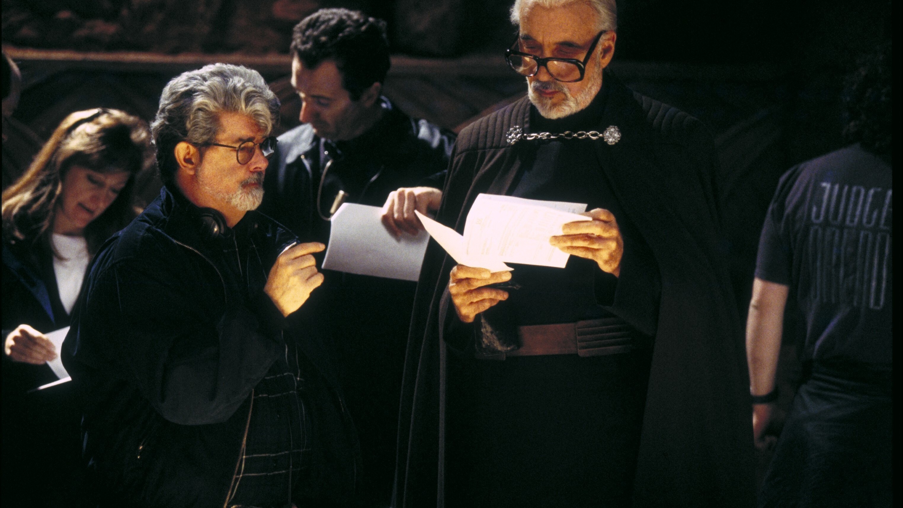George Lucas and Christopher Lee on the set of Attack of the Clones