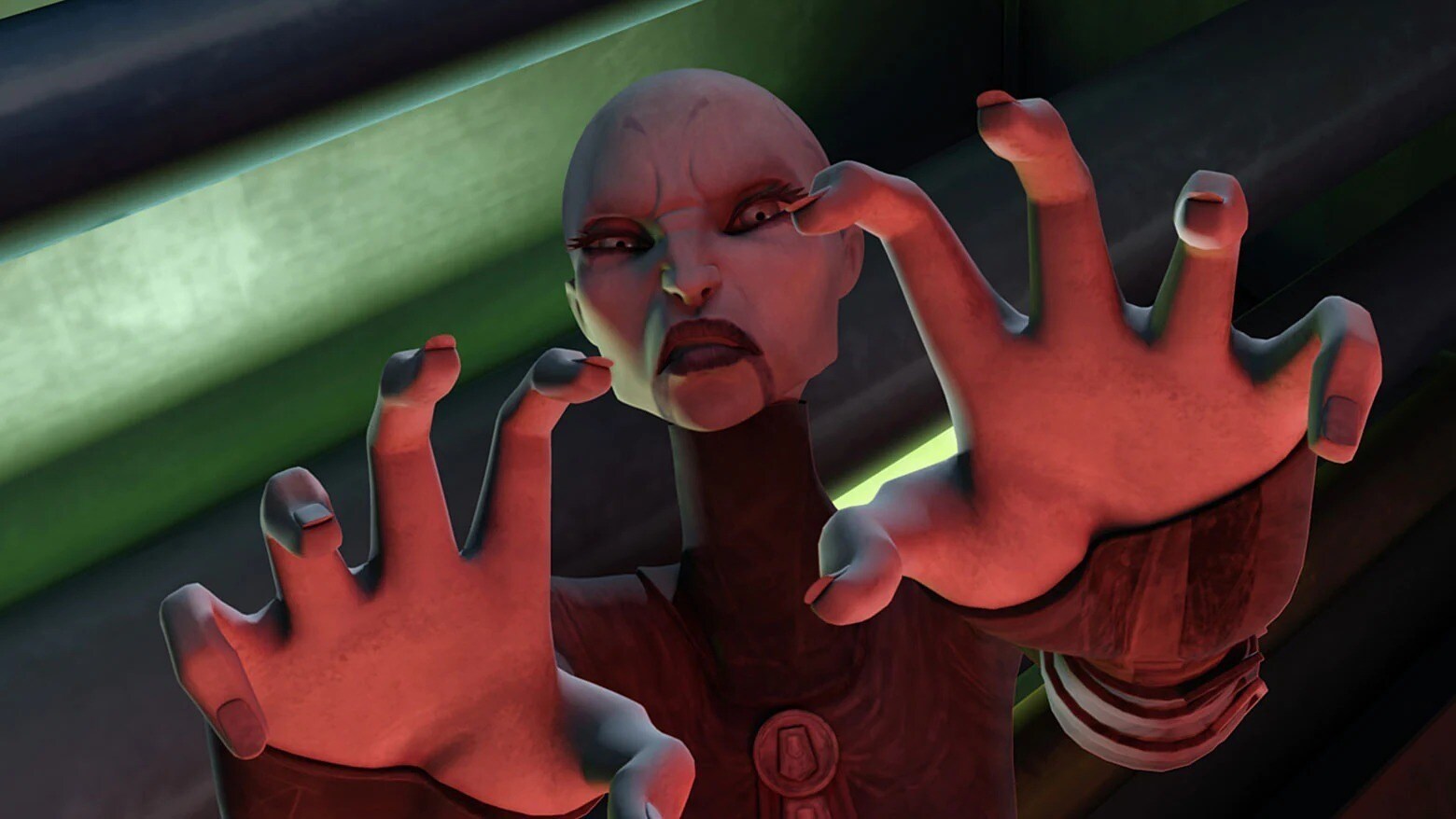 Asajj Ventress holding up her hands