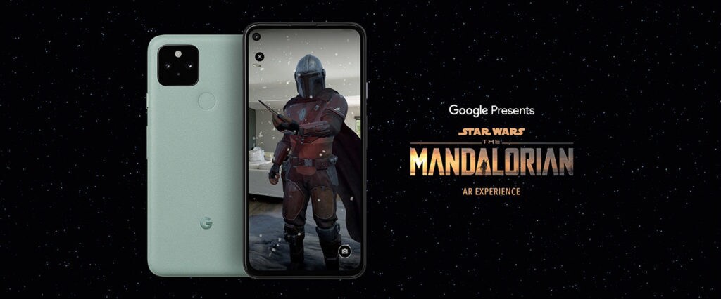 A Google cell phone displays an image of the Mandalorian, advertising a Mandalorian-themed AR experience.