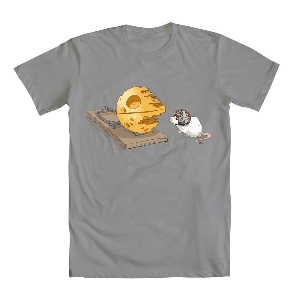 A t-shirt with the image of a mouse wearing a helmet. The mouse stands before a cheese-shaped Death Star II on a mousetrap.