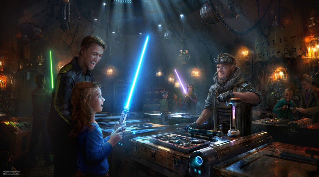 Concept art of Savi's Workshop, created for Disney's Star Wars: Galaxy's Edge, shows guests wielding lightsabers while Savi looks on smiling.