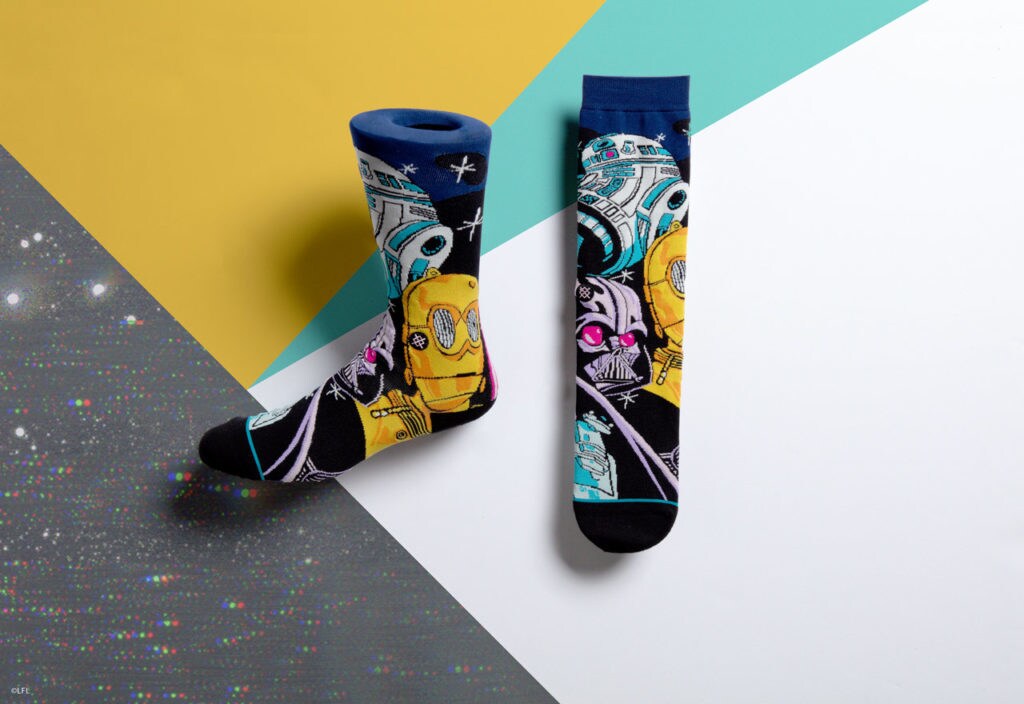 Stance's Star Wars socks: Darth Vader, R2-D2, and C-3PO.