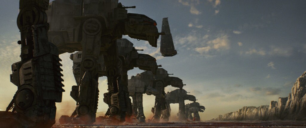 A row of AT-M6 Walkers trek across Crait in the augmented reality experience Star Wars: Jedi Challenges.
