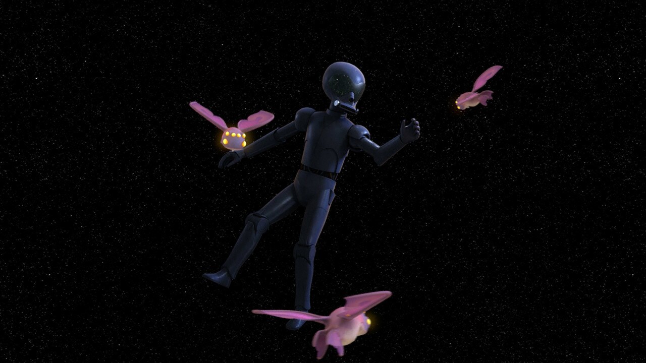 AP-5 floats in space surrounded by baby neebray in Star Wars Rebels.